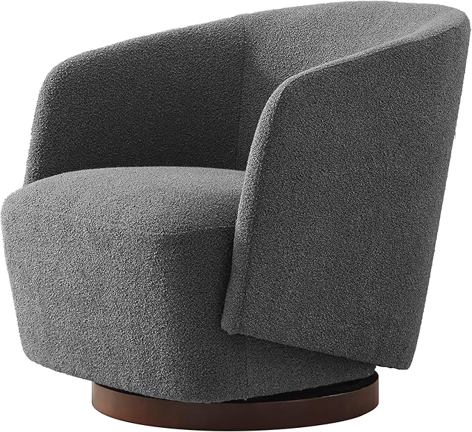 Boucle Swivel Accent Chair, No Assembly Upholstered Armchair with Rubberwood Base, 360° Rotating Barrel Chair for Living Room, Bedroom, Apartment & Reading Nook (1, Grey)