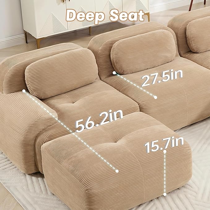 SoarFlash 117" Modern L-Shaped Modular Sectional Sofa for Living Room, Corduroy Upholstery Oversized 3-Seater Couch with Deep Seat and Movable Ottoman-No Assembly, Camel