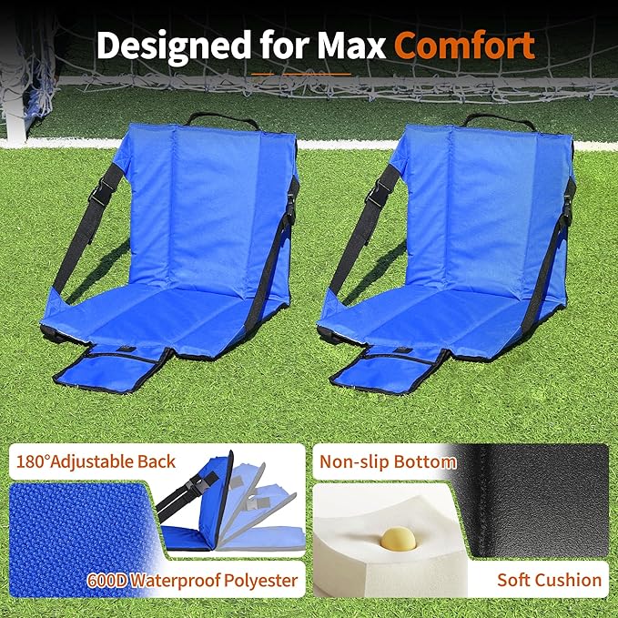 CAMPHILL 2PCS Portable Stadium Seat Cushion for Bleachers,Folding Lightweight Seat with Backrest,Adjustable Straps,Ideal for Camping,Hiking,Sports Events,Outdoor Concerts
