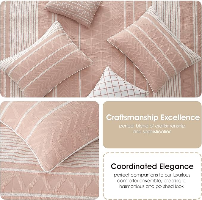 Grand Avenue Cotton California King Size Comforter Set, 6 Piece, Blush Geometric Jacquard Bedding Set, Bedskirt, Pillows & Shams, Home Decor