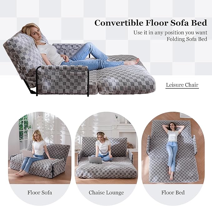 YOSHOOT Adjustable Lazy Floor Sofa, 5-Position Foldable Sleeper Chair with Armrest for Reading, Gaming - Convertible Bean Bag Sofa Bed Couch