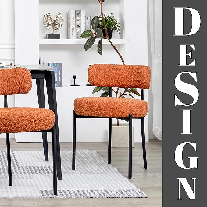 DYHOME Mid-Century Modern Dining Chairs Set of 6, Boucle Dining Chairs Upholstered with Black Metal Legs, Curved Backrest Kitchen Dining Room Chairs, Orange