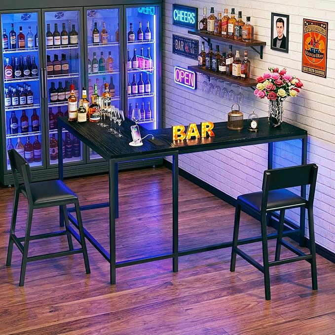 Bar Table and Chairs Set, 3 Piece Convertible L-Shaped Kitchen Table with 2 PU Leather Bar Stools, 63‘’ Counter Height Small Dining Table with Power Outlets, Space Saving, Breakfast Nook Corner, Black