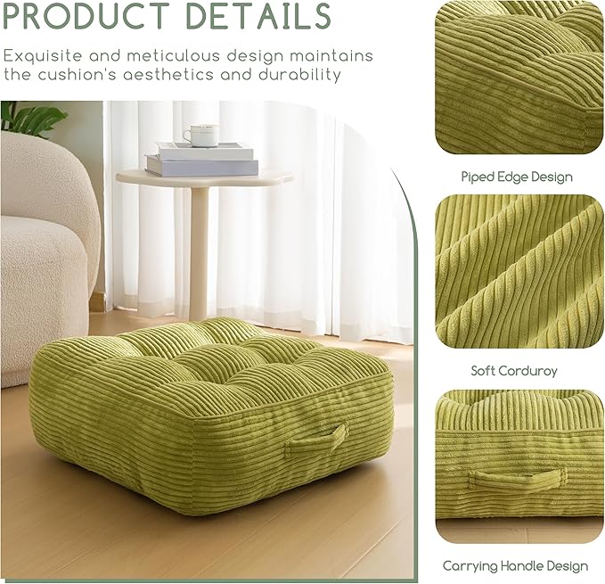 8" Washable Floor Pillow Cushion for Adults, Meditation Cushion Pillow, Large Square Floor Sitting, Removable Tufted Corduroy Cover, for Tatami Living Room or Yoga, 22x22 Inch, Machine Washable