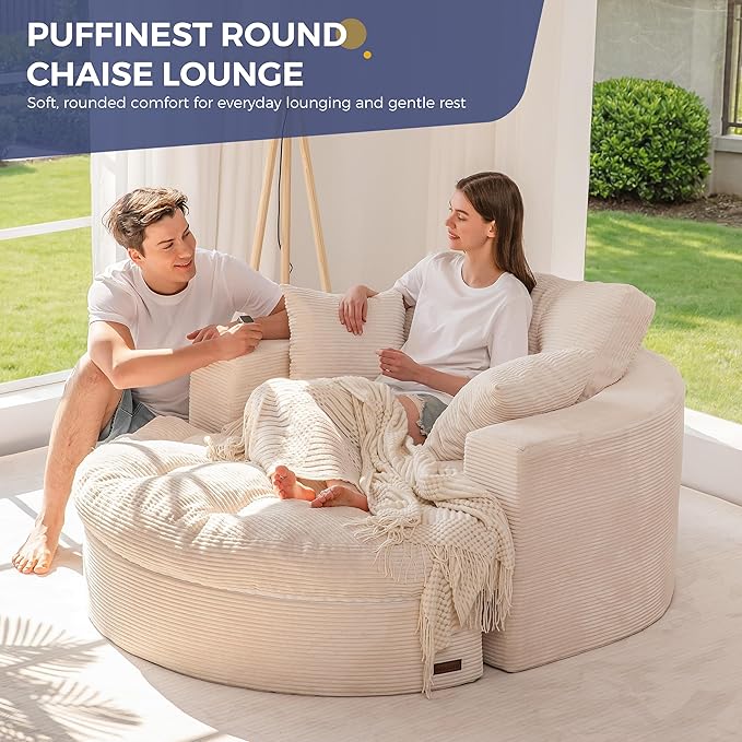 MAXYOYO Modular Sectional Chaise Lounge Sofa, 2 Sets Upholstered Lounge Chair with Ottoman, Comfy Round+ Square Couch with Layered Cushion, Tufted Sleeper Chair for Living Room, No Assembly, Beige