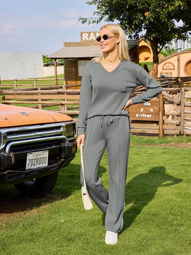 difficort Women's 2 Piece Lounge Sets Casual Travel Airport Outfits Side Slit V-Neck Tops & Wide Leg Pants Matching Set
