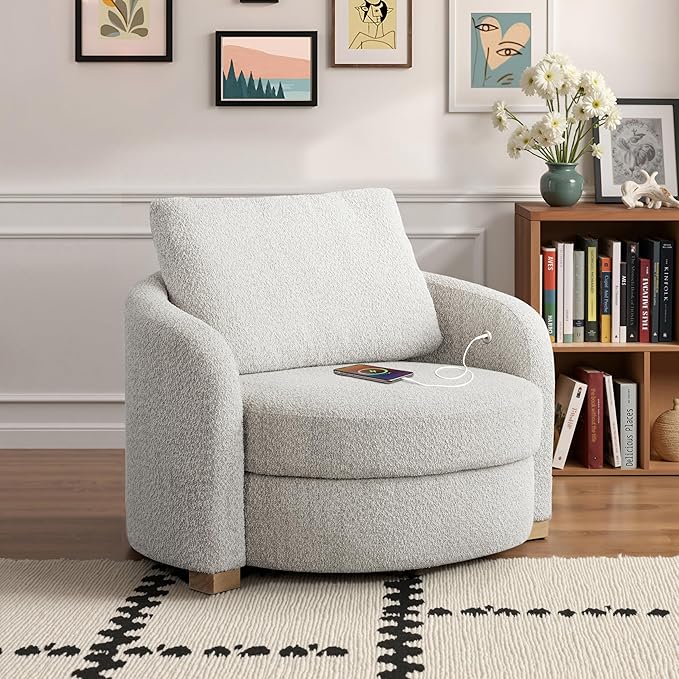 Studio Living® Manchester 44.1" Storage Chair, Modern Farmhouse, Pocket Coil Comfort, USB A & C Power, Easy Assembly, Boucle Fabric, Ivory