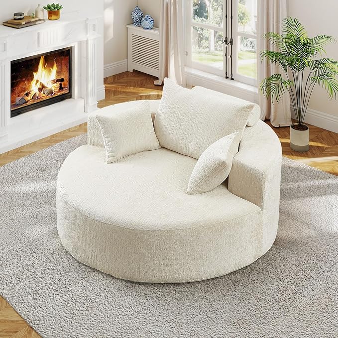 55"W Oversized Round Chair Lounge Chaise Indoor, Upholstered Comfy Circle Sofa Armchair, Modern Cozy Boneless Foam Floor Reading Chair for Living Room, Bedroom, No Assembly Required(Chenille, Beige)