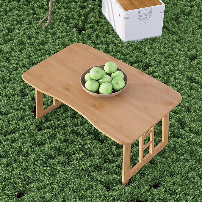 Japanese Bamboo Folding Floor Table – Portable Collapsible Tatami Coffee Table, No-Assembly Foldable Low Table for Sitting on the Floor, Compact Space-Saving Design for Home, Tea Room & Camping (Wood)