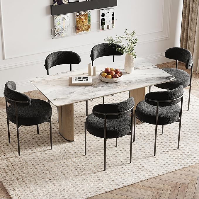 Farini Dining Chairs Set of 4,Mid-Century Modern Kitchen Chair Curved Backrest Round Upholstered Sherpa Dining Chairs with Metal Legs,Black