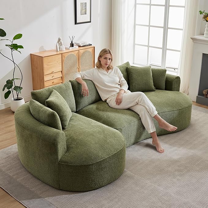 Opiesit 124" Oversized Boneless Couches for Living Room, Sectional Curved Sofa with 7 Pillows, L-Shape Boneless Couch with Deep Seat, High-Density Memory Foam, No Assembly Required, Chenille (Green)