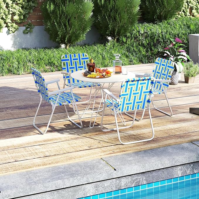 GYMAX Lawn Chair Folding, Webbed Beach Lounge Chairs Set with Highback, Outdoor Portable Lightweight Camping Dinning Chair for Patio, Lawn, Poolside, Sports, Garden, Backyard (6,Blue)