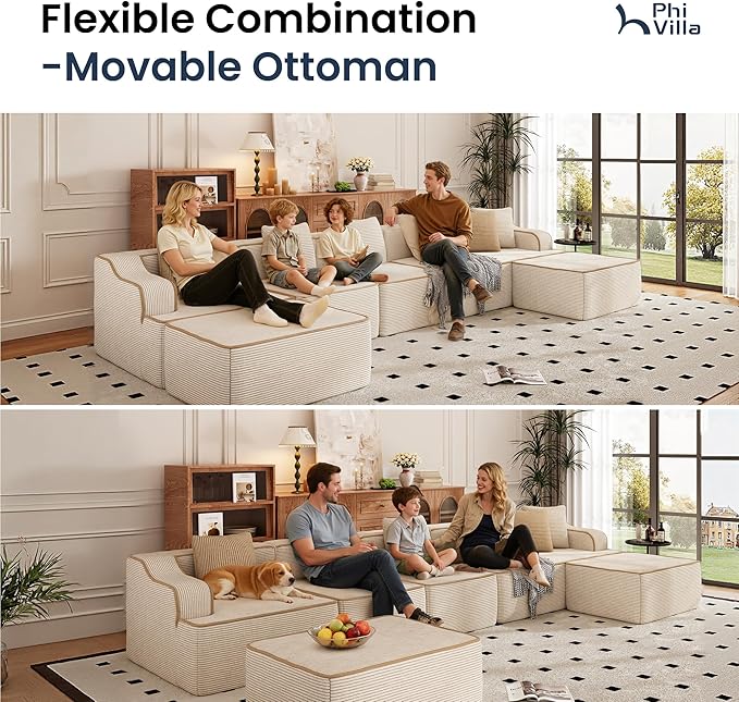 PHI VILLA Cloud Modular Couch, Boneless Sectional Sofa with U-Shaped Chaise, 7-Seater Couches with Movable Ottomans for Living Room, No Assembly Required, Corduroy, Beige