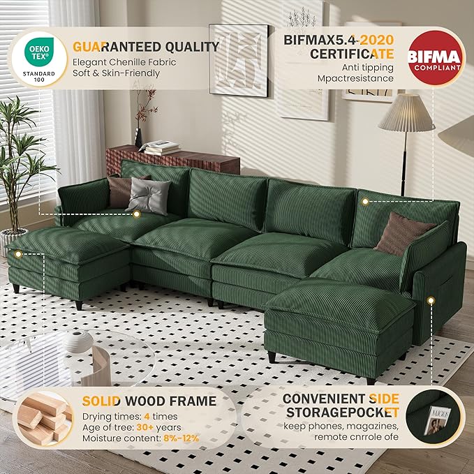 Apicizon 143" Cloud Souch Sectional, 4-Seat Deep Sofa Couch with Ottoman, Modern U Shape Sectional Cloud Sofa Corduroy for Living Room, Apartment, Office, Green