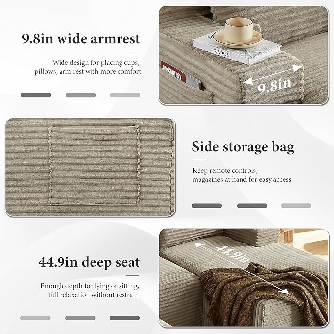 96" Sectional Couches for Living Room Cloud Couch Sofa with L-Shape Upholstered Boneless Couchs Modern Modular Sectional Couch with Chaise (Camel, 96" W+Left Facing Chaise+2Seaters+Ottoman)