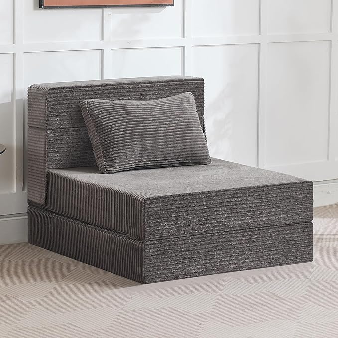 Folding Sofa Bed Convertible Floor Couch Foldable Chair Bed with Pillow，Linen Sleeper Chair Futon,Foldable Memory Foam Mattress for Bedroom/Living Room/Dorm/Office (Corduroy Grey, Single)