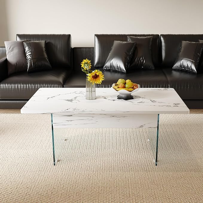 HanStrong 43.3" Lift-Top Coffee Table with Storage,Marble & Tempered Glass Space-Saving for Living Room,Office,White