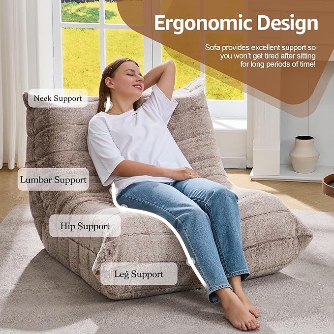 Bean Bag Chairs for Adults Giant Bean Bag Chair Memory Foam BeanBag Chair Bean Bag Sofa with Filler Faux Fur Fireside Beanbags Lazy Sofa for Living Room Bedroom Office (Brown Plush, Single)