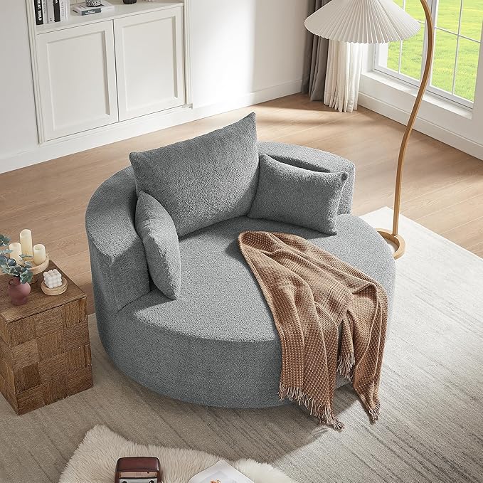 Merax 360° Swivel Chair, Chenille Fabric Accent Barrel Chair, Swivel Round Sofa Chair with 3 Removable Pillows for Living Room, Bedroom, Office and Hotel, Grey