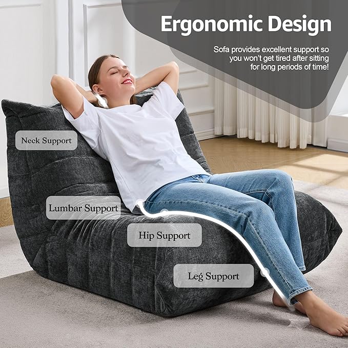 Bean Bag Chairs for Adults Giant Bean Bag Chair Memory Foam BeanBag Chair Bean Bag Sofa with Filler Faux Fur Fireside Beanbags Lazy Sofa for Living Room Bedroom Office (Darkgrey Chenille, Single)