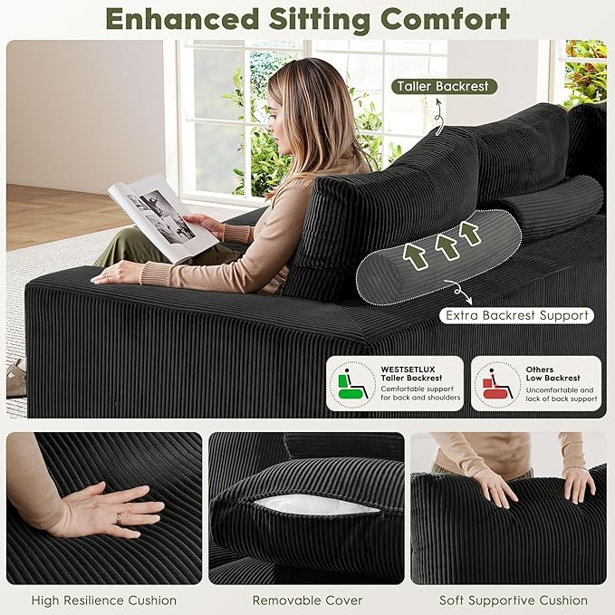 WESTSETLUX 108” Cloud Sectional Sofa Couch with High-Seat, Corduroy Modular Sofa with Oversized Chaise, High-Back Modern L-Shaped Couches for Living Room, No Assembly Required (Black)