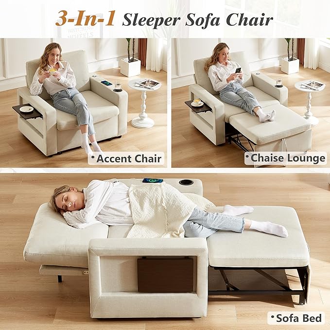 WEUP 42.5" Sleeper Sofa Chair Bed, 3-in-1 Convertible Sleeper Chair with Pull Out Bed, Adjustable Reclining Backrest, Side Pockets, Cup Holder, USB Ports & Wing Table, Premium Beige