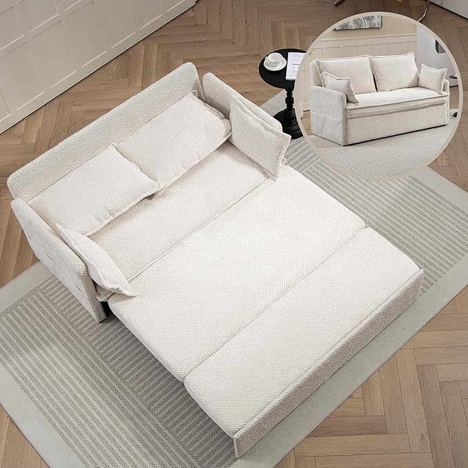 GRAINLLE Pull Out Couch,Loveseat Convertible Sleeper Sofa Bed with USB,Pull Out Sofa Bed Side Storage,2 Pillows,Corduroy Sleeper Couch for Living Room,Bedroom,Apartment,Pet-Friendly(Beige, 59.5'')