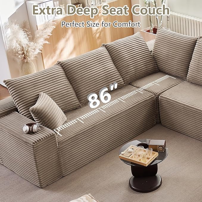 Sectional Cloud Couch with L-Shape Chaise, Modern Modular Comfy Sofa with Deep Seat, Upholstered Corduroy Couches Stupendous U Shaped Sofas for Living Room Bedroom, No Assembly Required, Camel