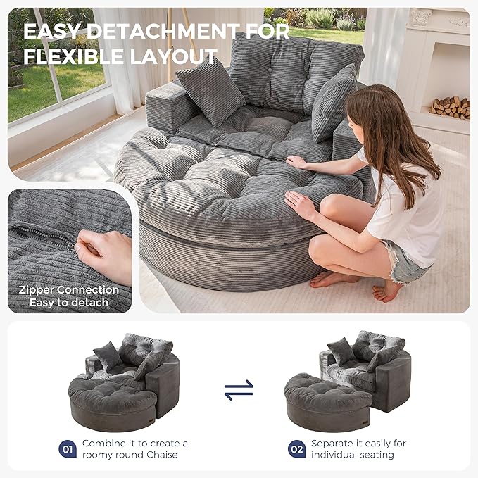MAXYOYO Modular Sectional Chaise Lounge Sofa, Round Upholstered Lounge Chair with Ottoman, Comfy Couch with Layered Cushion, Tufted Sleeper Chair for Living Room, No Assembly, Dark Grey