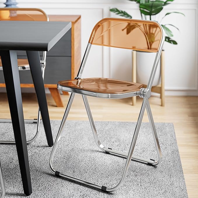 LeisureMod Lawrence Modern Clear Acrylic Folding Chair with Metal Frame, Space-Saving Transparent Seating for Dining Room, Home Office, Bedroom, Vanity or Small Spaces, (Tangerine, Set of 4)