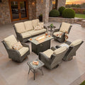 ovios 8 Pieces Patio Furniture Set, Outdoor Wicker Sofa Couch with Swivel Chairs 42" Fire Pit Table, High Back Modern All Weather Conversation Sets, Brown Rattan, Beige