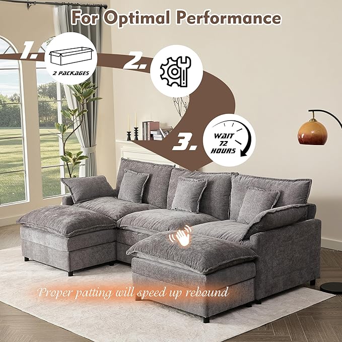 GOSUHI 108" U Shaped Couch, Modular Sectional Sofa, 3-Seater Comfy Cloud Couch with Movable Ottoman, Deep Seat Couches for Living Room, Chenille, Slate