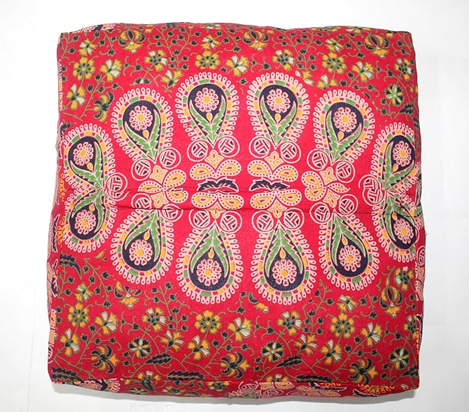 CRAFT KALA Red Peacock Large Hippie Mandala Meditation Floor Ottoman Pillow Cushion Pouf Cover Square Poufs Bohemian Circle Floor Cushion Case Outdoor Fireplace Yoga Living Room Decor Cover 16" Square