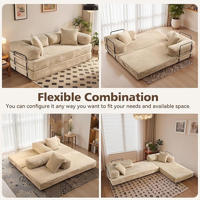 4-in-1 Folding Sofa Bed, 78" Oversized Corduroy Sleeper Chair, Convertible Loveseat to Floor Bed with Storage Pockets, Boneless Design for Living Room, Bedroom & Small Spaces
