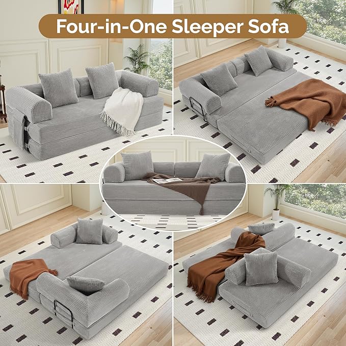 Convertible Coarser Corduroy Sleeper Sofa Bed with Cylindrical Pillow, Folding Mattress Couch with Fixed-Shape Frame, Floor Sofa Lounge Couch for Living Room Bedroom Lounge Studio, Grey