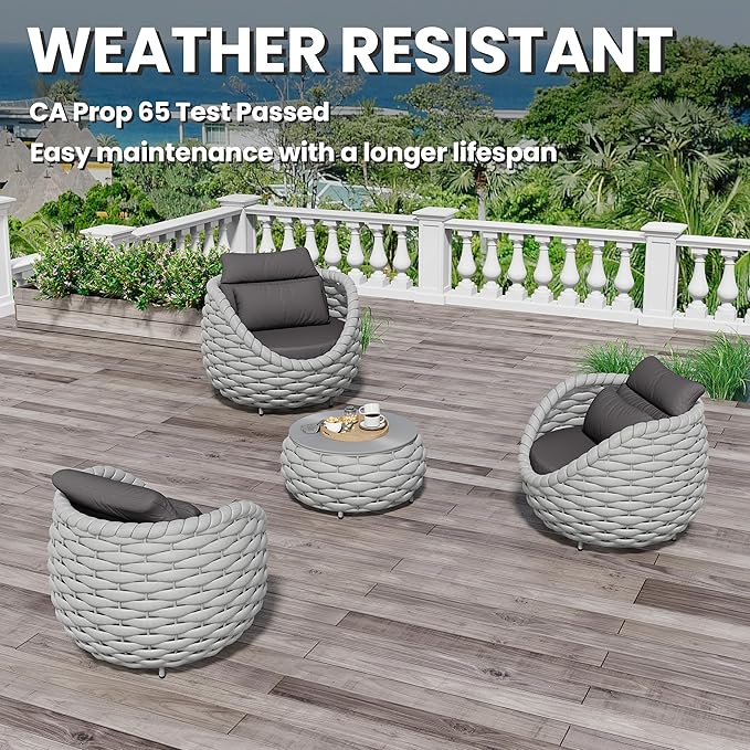 Erotr 4 Pieces Courtyard Seating Set: Aluminum Woven Rope Patio Furniture Chair Set - All Weather Metal Outdoor Conversation Set - Assembled Armchair w/Table for Bistro Deck Porch Balcony Pool Hotel