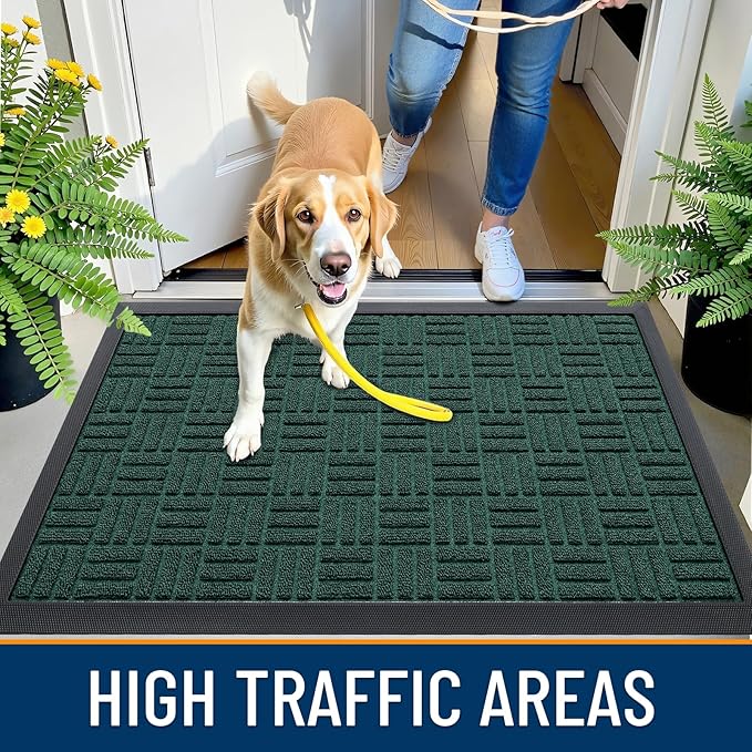 OLANLY Front Door Mat Outside Entrance 47x23, Absorbent, Heavy Duty Sturdy Natural Rubber Doormat Indoor Outdoor, Non-Slip, Stain and Fade Resistant, Low Profile Floor Mat for Entryway, Black Green