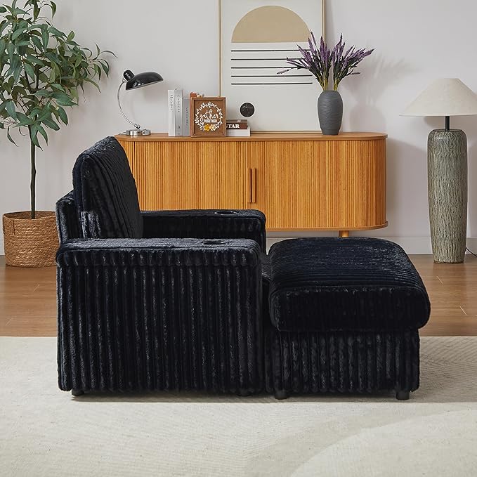 Eafurn 42.5" Oversized Accent Chair with Storage Ottoman Convertible Chaise Lounge, Corduroy Cloud Sofa Chair w/Cupholders, Modern Extra Wide Armchair