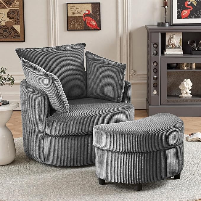 Chorlenimi Swivel Accent Chair Round Barrel Armchair Upholstered Living Room Chair Corduroy Reading Chair Single Sofa Chair for Bedroom Apartment Office (Grey, Upgrade 1Seater+ Ottoman)