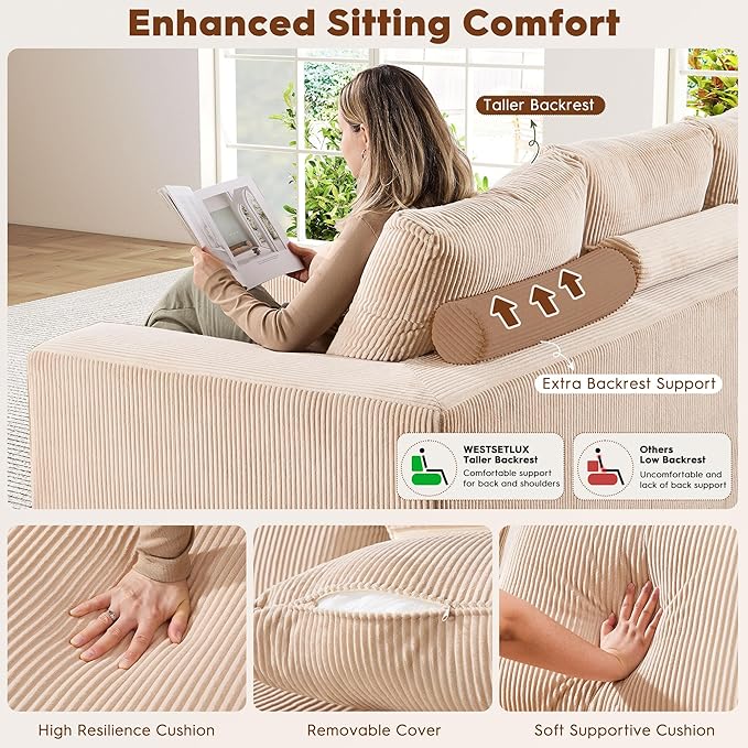 108” U-Shaped Sectional Sofa Couch with High-Seat, Corduroy Modular Cloud Sofa with Chaise ‌and Ottoman, Modern Couches for Living Room, No Assembly Require, Oatmeal
