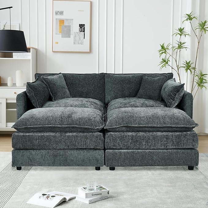 Aoowow Modular Sectional Sofa Modern Convertible Loveseat Couch,77.16 Inch Deep 2-Seater Sofas Comfy Chenille Cloud Sofas and Couches Set with 2 Movable Ottoman for Living Room Apartment（Grey）