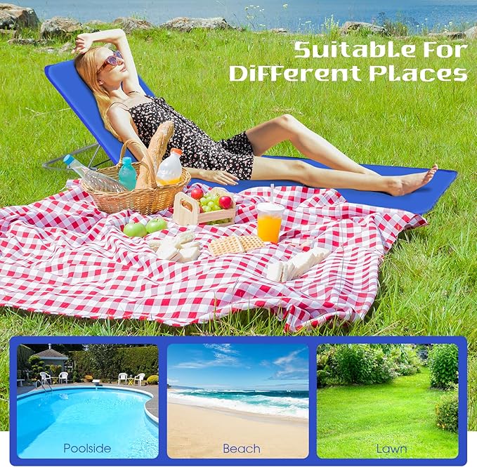Tangkula 3 Pieces Beach Chairs for Adults, Lightweight Lawn Lounge Chairs with 5 Adjustable Recline Position, Zipper Pocket, Backpack 2 Pack Beach Chairs Set with Folding Side Table (Blue)