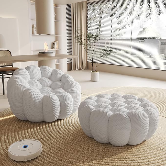 WJShome Modular Sectional Sofa,Bubble Couch Set,1 Seater+ Ottoman,Modern Upholstered Bean Bag Sofa Couch Mesh Fabric Lazy Floor Chair Living Roon Sets (Gray)