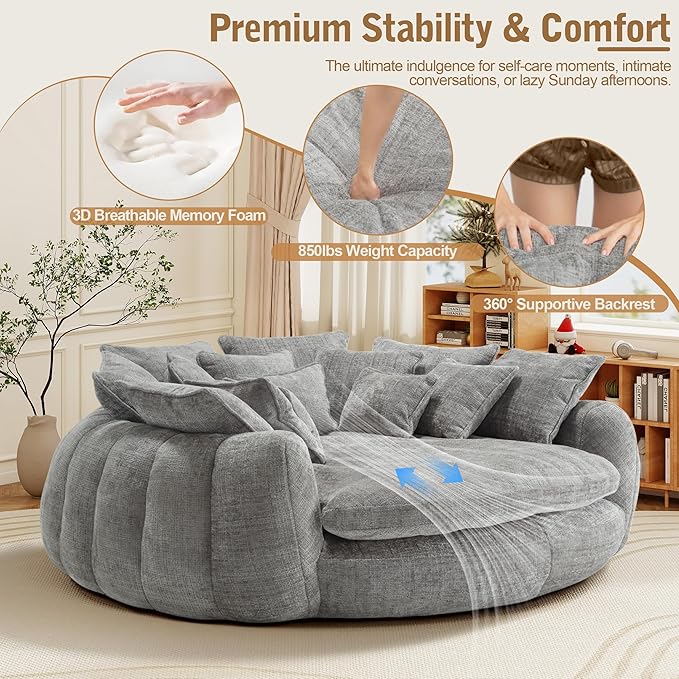 82'' Oversized Upholstered Sofa Bed, Round Chaise Lounge Chair Indoor, Modern Chenille Boneless Couch, No Assembly Required, Plush Sleeper Chair with 14 Pillows for Living Room, Light Grey
