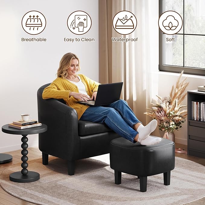 Yaheetech Accent Chair with Ottoman Set, Modern Faux Leather Upholstered Soft Barrel Chair and Footrest, Club Armchair and Footstool for Living Room/Bedroom/Reading Room/Guest Room, Black