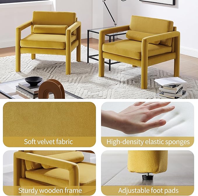 Art Leon Modern Accent Chair, Velvet Upholstered Arm Chair with Pillow, Single Sofa Chair for Living Room Bedroom, Yellow