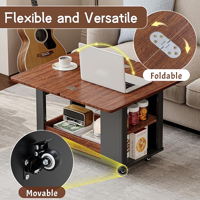 27.6" Modern Multi-Function Coffee Table with Foldable Top & Casters,Side Table with Multi-Tier Storage,Black & Walnut