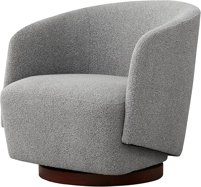 Boucle Swivel Accent Chair, No Assembly Upholstered Armchair with Rubberwood Base, 360° Rotating Barrel Chair for Living Room, Bedroom, Apartment & Reading Nook (1, Light Grey)