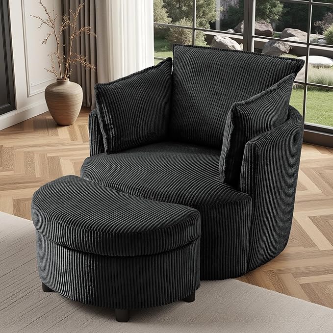 Chorlenimi Swivel Accent Chair Round Barrel Armchair Upholstered Living Room Chair Corduroy Reading Chair Single Sofa Chair for Bedroom Apartment Office (Black, Standard 1Seater+ Ottoman)