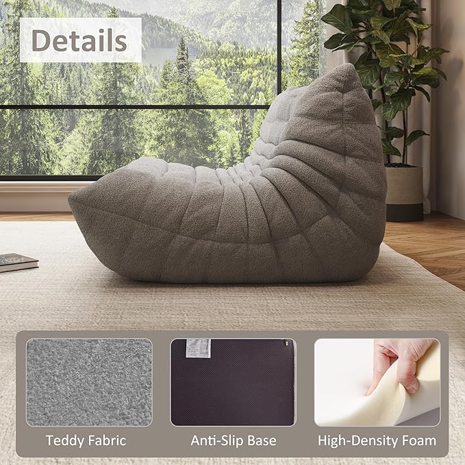 Bean Bag Chair, Oversized Loveseat Fireside Chair for Adults, 2 Seater with Memory Foam Filled, Lazy Sofa Lounge Floor Sofa for Living Room, Bedroom, Office, No Assembly Required. (Grey)